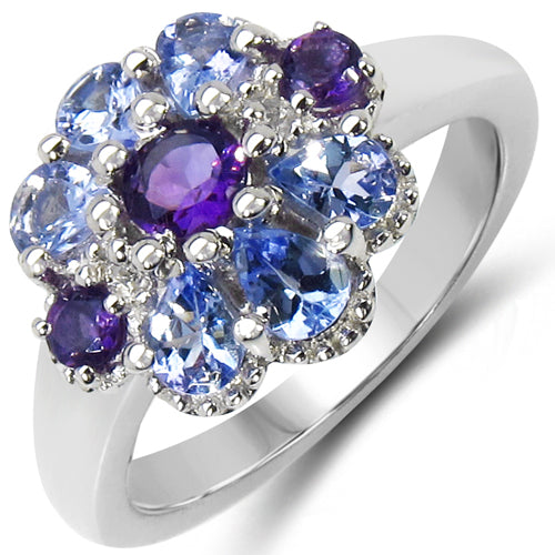 Anillo de plata esterlina 925 con tanzanita genuina de 1,25 quilates, amatista y topacio blanco