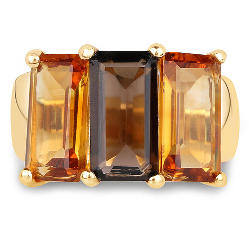 Anillo de plata de ley .925 chapado en oro amarillo de 14 quilates con cuarzo ahumado, citrino y cuarzo champán genuinos de 8,14 quilates