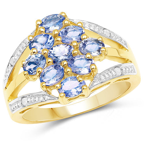 Anillo de plata de ley 925 chapado en oro amarillo de 14 quilates con tanzanita auténtica de 1,59 quilates y topacio blanco