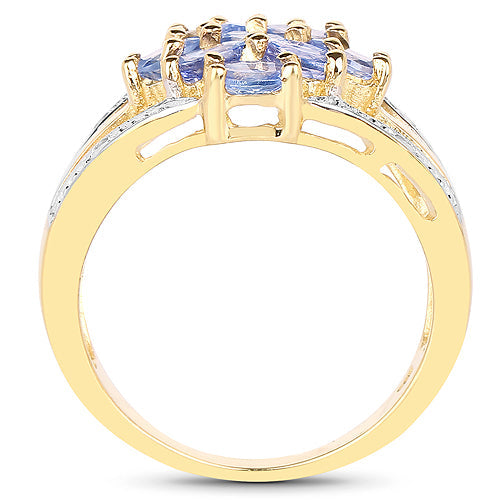 Anillo de plata de ley 925 chapado en oro amarillo de 14 quilates con tanzanita auténtica de 1,59 quilates y topacio blanco