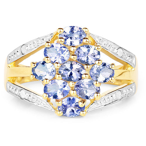 Anillo de plata de ley 925 chapado en oro amarillo de 14 quilates con tanzanita auténtica de 1,59 quilates y topacio blanco