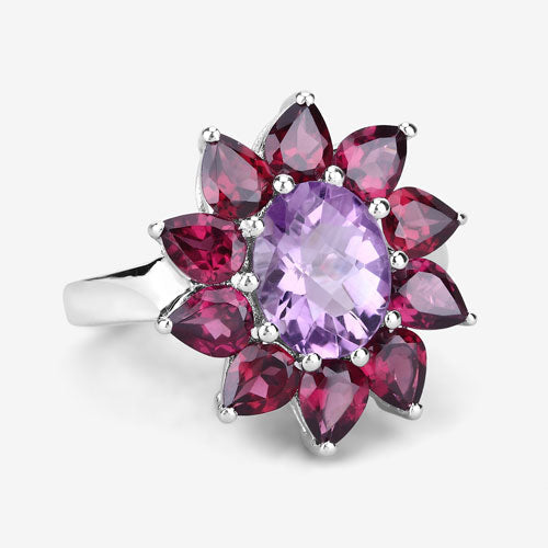 Anillo de plata esterlina .925 con amatista genuina de 5.65 quilates y rodolita
