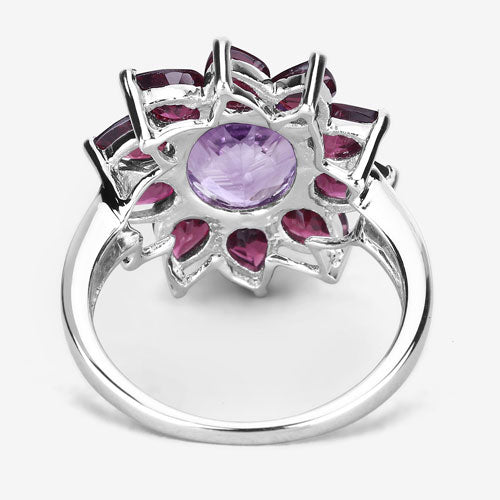 Anillo de plata esterlina .925 con amatista genuina de 5.65 quilates y rodolita