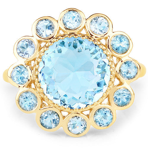 Anillo de plata de ley 925 chapado en oro amarillo de 14 quilates con topacio azul genuino de 6,59 quilates