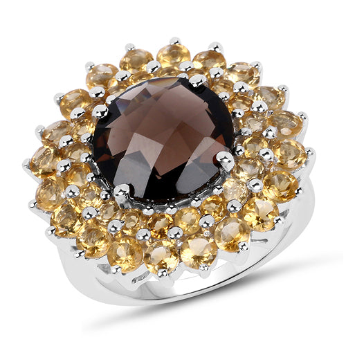 Anillo de cuarzo ahumado y citrino genuino de 8.56 quilates en plata de ley .925