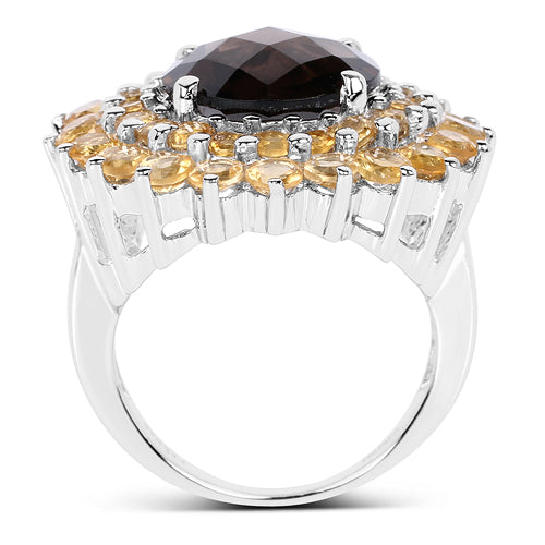 Anillo de cuarzo ahumado y citrino genuino de 8.56 quilates en plata de ley .925