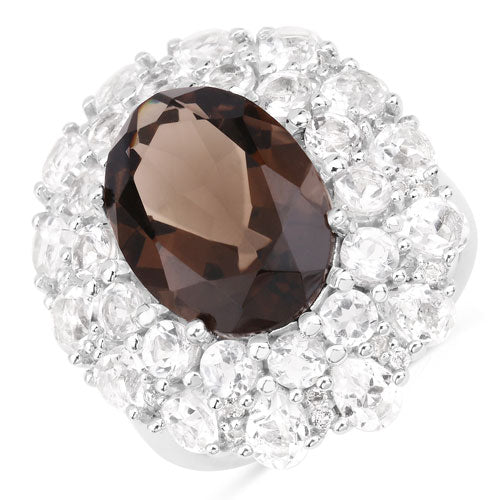 Anillo de plata esterlina .925 con cuarzo ahumado y topacio blanco genuinos de 9,29 quilates