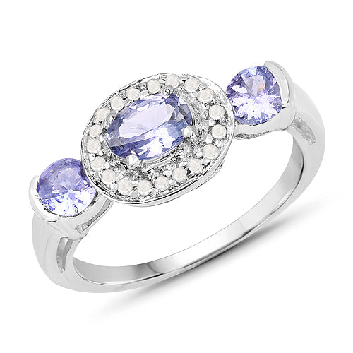 Anillo de Plata de Ley .925 con Tanzanita Genuina de 1,00 Quilates y Topacio Blanco