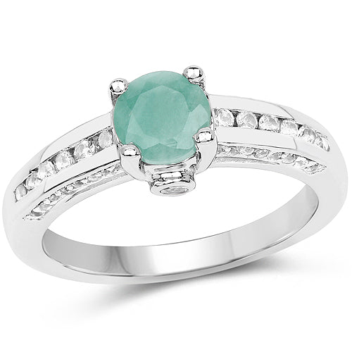Anillo de Plata de ley .925 con Esmeralda Genuina y Topacio Blanco de 1.22 Quilates
