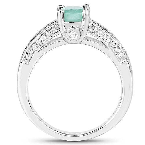 Anillo de Plata de ley .925 con Esmeralda Genuina y Topacio Blanco de 1.22 Quilates