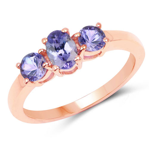 Anillo de plata de ley 925 chapado en oro rosa de 18K con tanzanita auténtica de 0,90 quilates