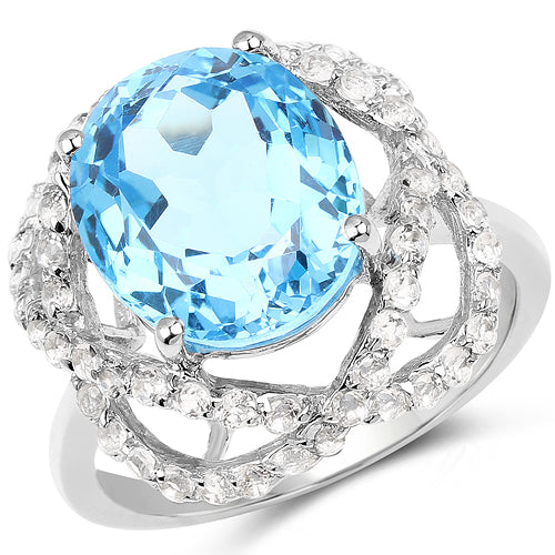 Anillo de plata de ley .925 con topacio azul suizo y topacio blanco genuino de 7.32 quilates