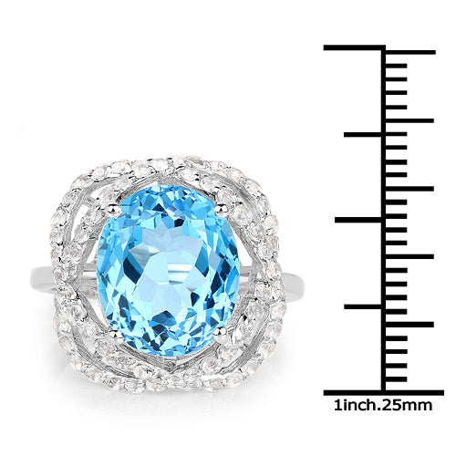 Anillo de plata de ley .925 con topacio azul suizo y topacio blanco genuino de 7.32 quilates