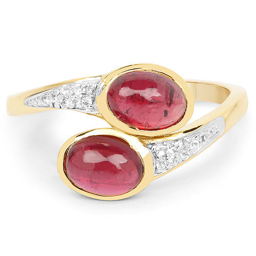 Anillo de plata de ley .925 con rubí de 2,38 quilates relleno de vidrio y topacio blanco, chapado en oro amarillo de 14 quilates