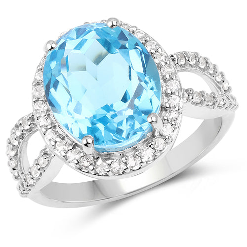 Anillo de plata de ley .925 con topacio azul suizo y topacio blanco de 6,03 quilates