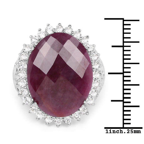 Anillo de plata de ley .925 con rubí genuino de 19,12 quilates y topacio blanco