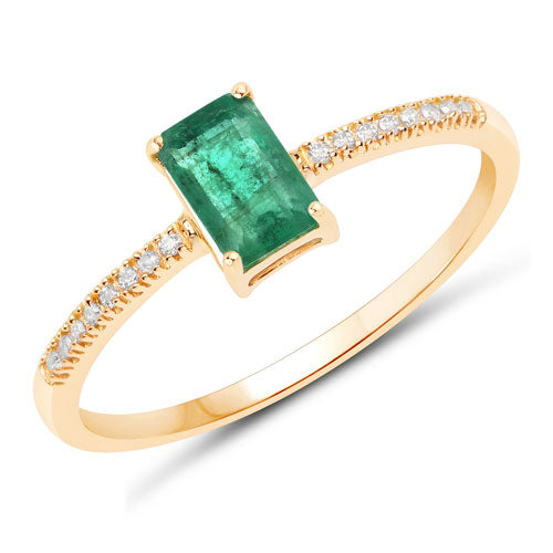 Anillo de oro amarillo de 14 quilates con esmeralda zambiana auténtica de 0,59 quilates y diamantes blancos