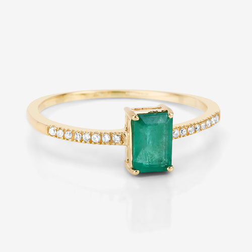 Anillo de oro amarillo de 14 quilates con esmeralda zambiana auténtica de 0,59 quilates y diamantes blancos