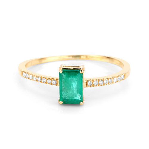 Anillo de oro amarillo de 14 quilates con esmeralda zambiana auténtica de 0,59 quilates y diamantes blancos