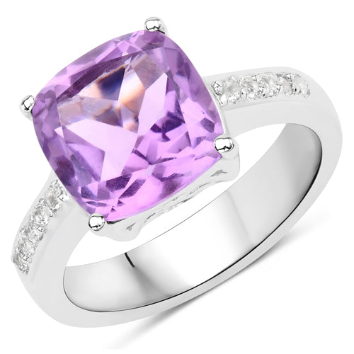 Anillo de Plata de Ley .925 con Amatista Rosa Genuina de 3.97 Quilates y Topacio Blanco