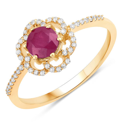 Anillo de oro amarillo de 14K con rubí genuino de 0,68 quilates y diamantes blancos