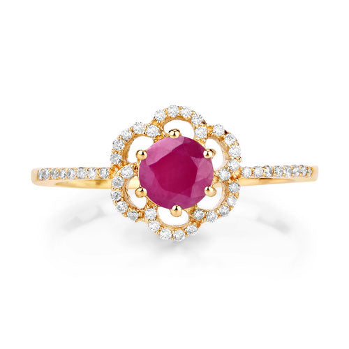 Anillo de oro amarillo de 14K con rubí genuino de 0,68 quilates y diamantes blancos