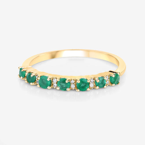 Anillo de oro amarillo de 14 quilates con esmeralda zambiana auténtica de 0,41 quilates y diamantes blancos