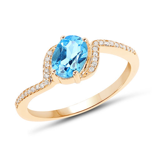 Anillo de oro amarillo de 14 quilates con topacio azul suizo auténtico de 1,04 quilates y diamante blanco