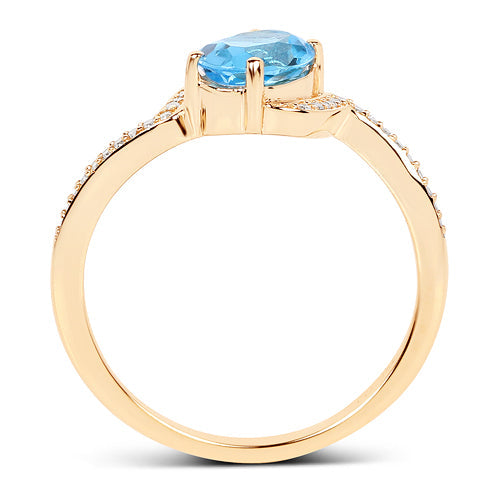 Anillo de oro amarillo de 14 quilates con topacio azul suizo auténtico de 1,04 quilates y diamante blanco
