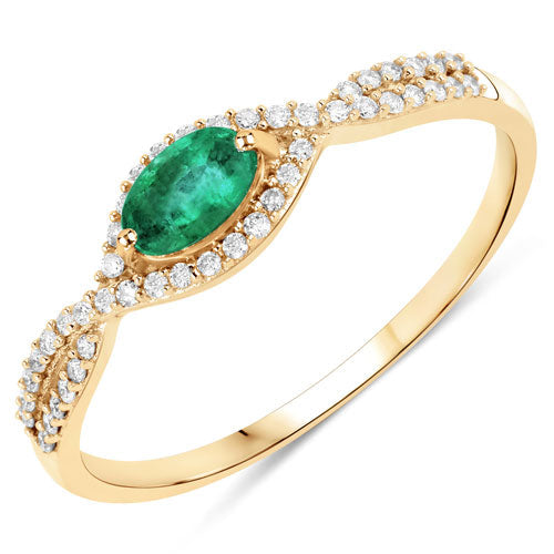 Anillo de oro amarillo de 14 quilates con esmeralda zambiana auténtica de 0,32 quilates y diamante blanco