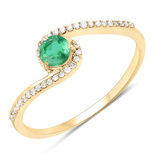 Anillo de oro amarillo de 14 quilates con esmeralda zambiana auténtica de 0,33 quilates y diamantes blancos