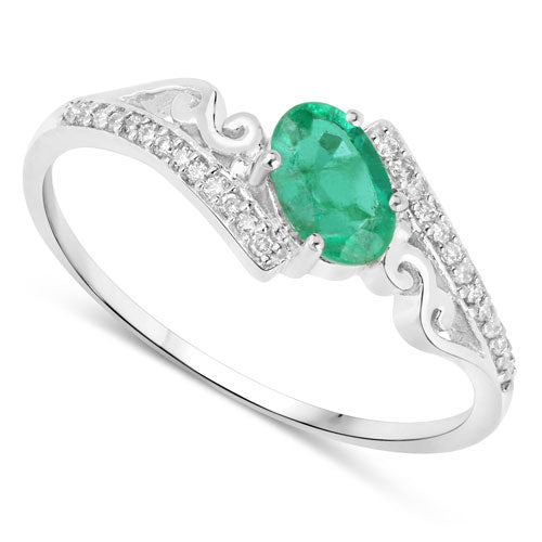 Anillo de oro blanco de 14K con esmeralda genuina de Zambia de 0,51 quilates y diamantes blancos