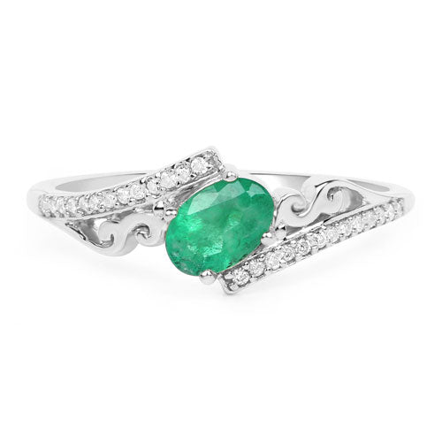 Anillo de oro blanco de 14K con esmeralda genuina de Zambia de 0,51 quilates y diamantes blancos