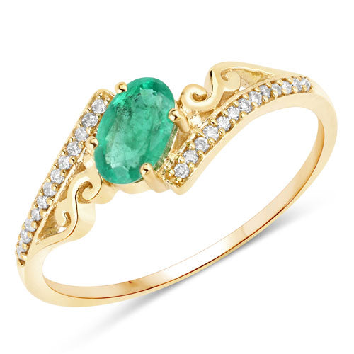 Anillo de oro amarillo de 14 quilates con esmeralda zambiana auténtica de 0,51 quilates y diamantes blancos