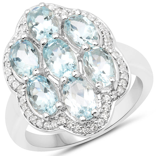 Anillo de plata de ley .925 con aguamarina auténtica de 3.09 quilates y circonita blanca