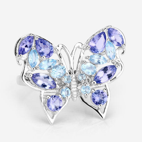 Anillo de plata de ley .925 con tanzanita genuina de 3.60 quilates y topacio azul suizo