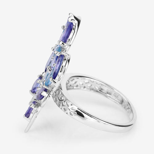 Anillo de plata de ley .925 con tanzanita genuina de 3.60 quilates y topacio azul suizo