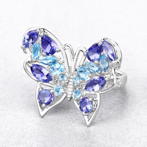 Anillo de plata de ley .925 con tanzanita genuina de 3.60 quilates y topacio azul suizo