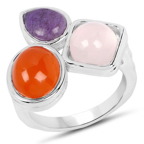 Anillo de plata de ley .925 con cuarzo rosa, cornalina y charoíta genuinos de 5,21 quilates