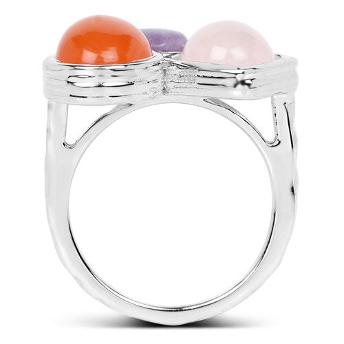 Anillo de plata de ley .925 con cuarzo rosa, cornalina y charoíta genuinos de 5,21 quilates