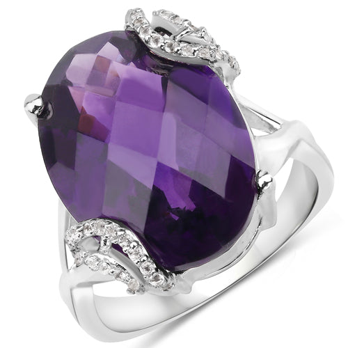 Anillo de plata de ley .925 con amatista genuina de 10.44 quilates y topacio blanco