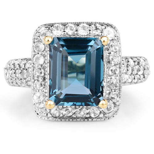 Кольцо из стерлингового серебра 925 пробы с позолотой 14 карат, с натуральным лондонским голубым топазом и белым топазом, 5,03 карата