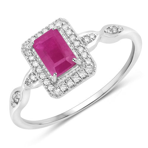 Anillo de oro blanco de 14K con rubí auténtico de 0,75 quilates y diamantes blancos