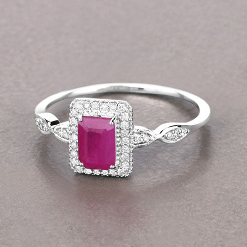 Anillo de oro blanco de 14K con rubí auténtico de 0,75 quilates y diamantes blancos