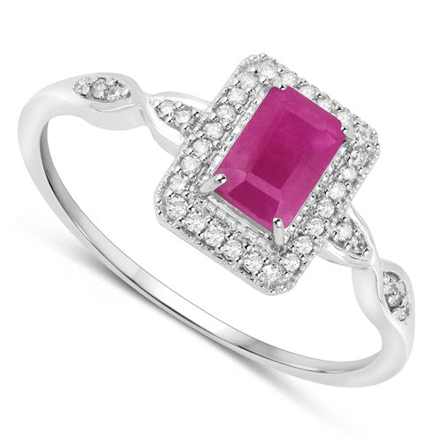 Anillo de oro blanco de 14K con rubí auténtico de 0,75 quilates y diamantes blancos