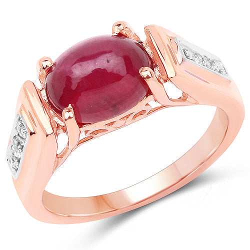 Anillo de plata de ley .925 chapado en oro rosa de 14 quilates con rubí genuino relleno de vidrio de 4,71 quilates y topacio blanco