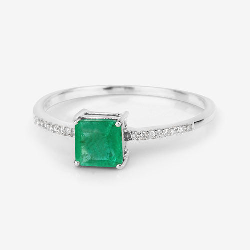 Anillo de oro blanco de 14 quilates con esmeralda zambiana auténtica de 0,64 quilates y diamantes blancos