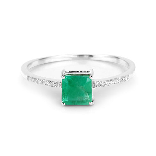 Anillo de oro blanco de 14 quilates con esmeralda zambiana auténtica de 0,64 quilates y diamantes blancos