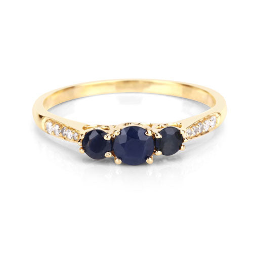 Anillo de oro amarillo de 14K con zafiro azul genuino de 0,56 quilates y diamantes blancos