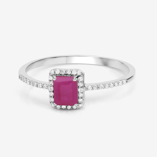 Anillo de oro blanco de 14K con rubí genuino de 0,58 quilates y diamantes blancos